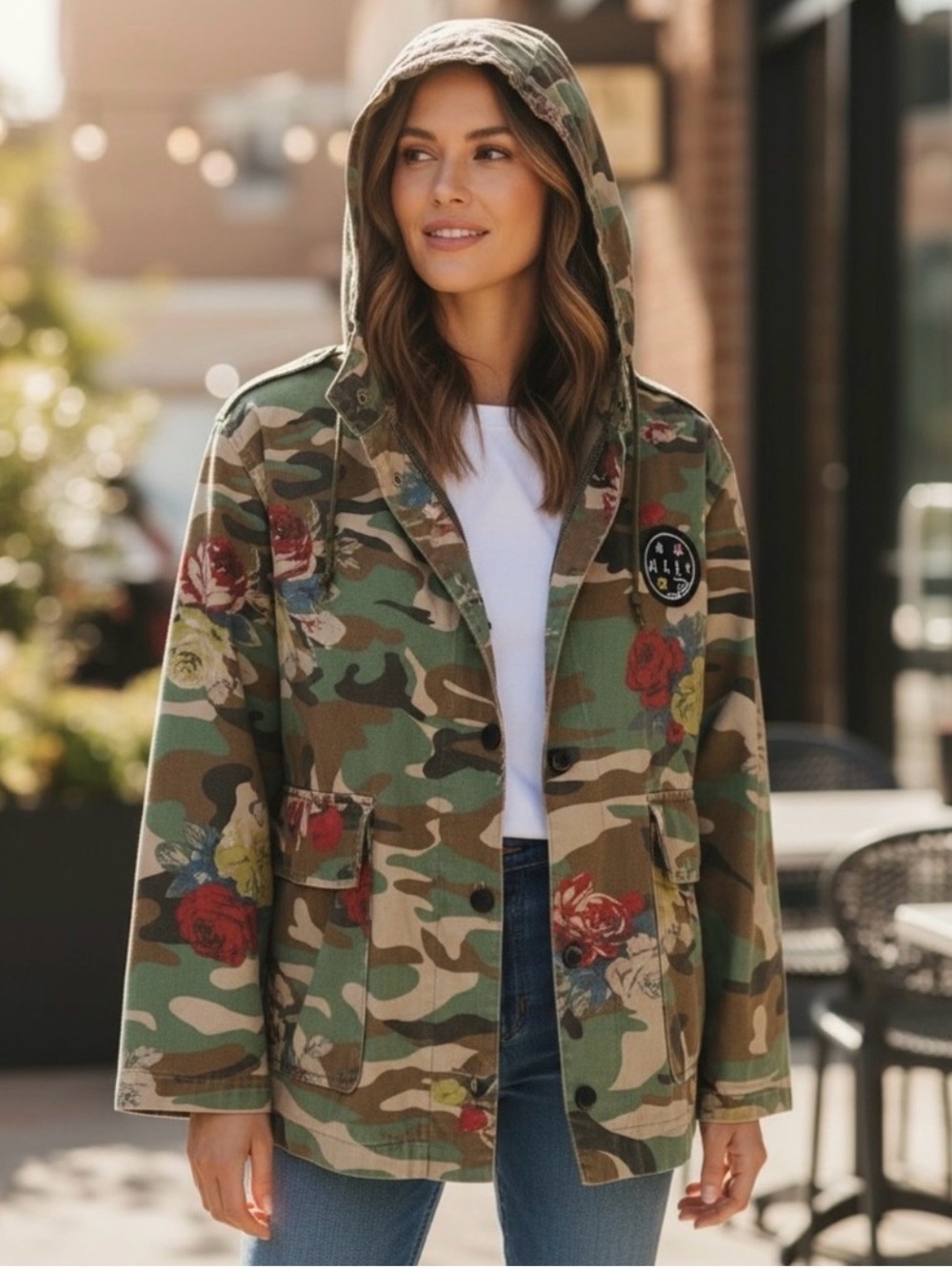 Zara Green Camo Hooded Bomber Jacket with Floral Accents